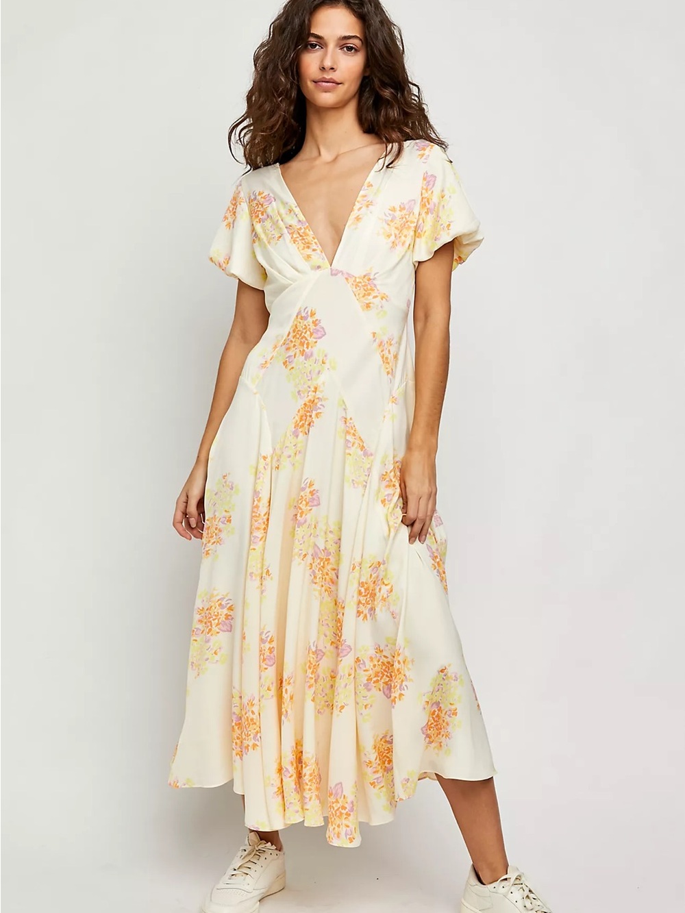 Free People Cream Floral Midi Dress with Yellow & Pink Accents
